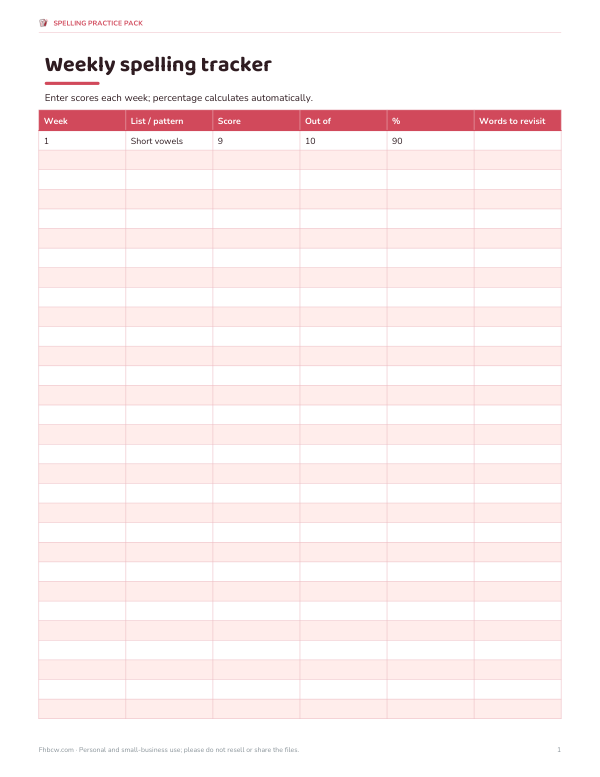 Preview of Printable Spelling Tracker Sheet